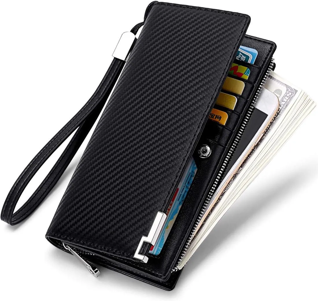 Huztencor Long Wallets for Men Leather RFID Blocking Bifold Wallet with Zipper