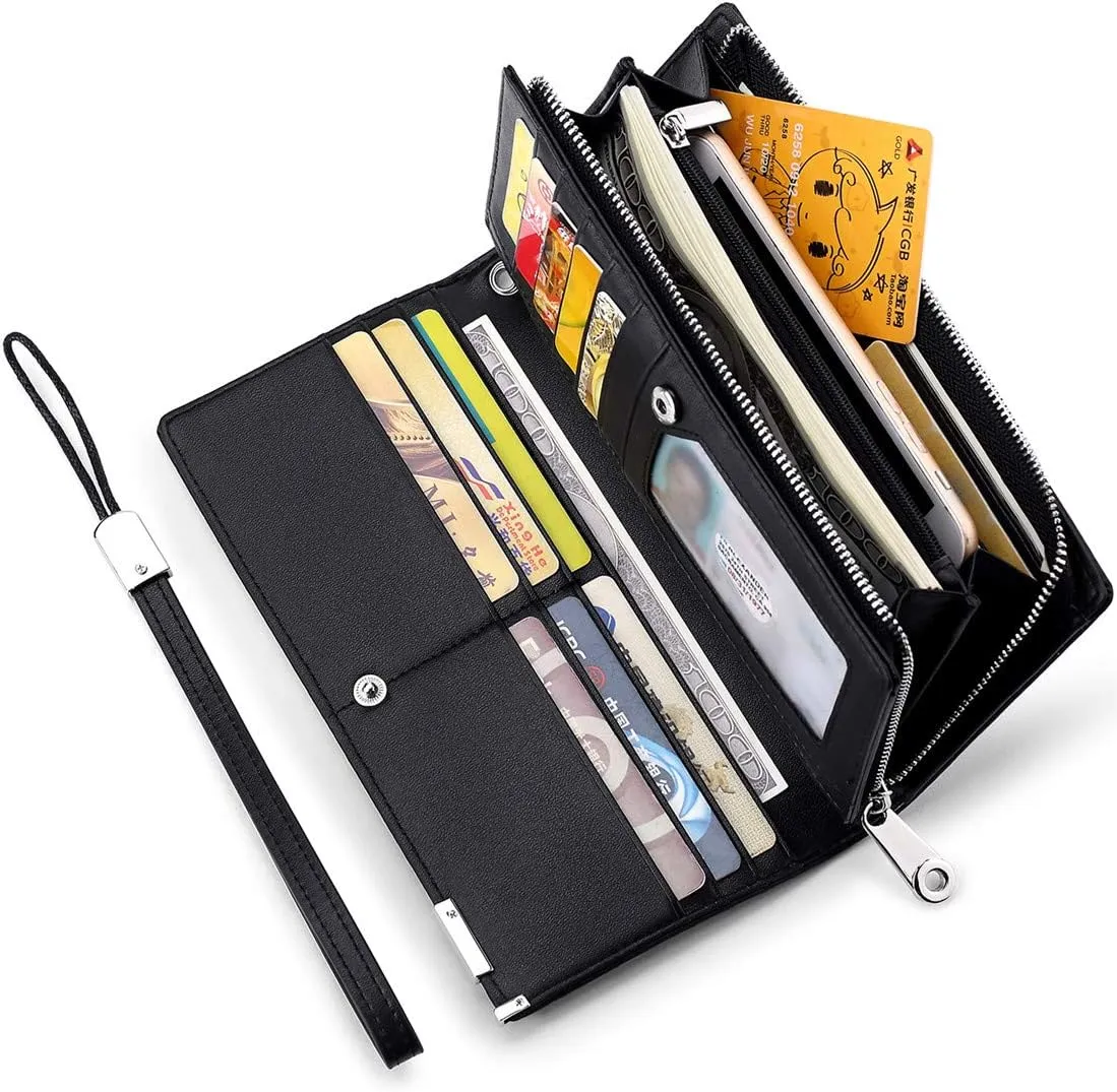 Huztencor Long Wallets for Men Leather RFID Blocking Bifold Wallet with Zipper