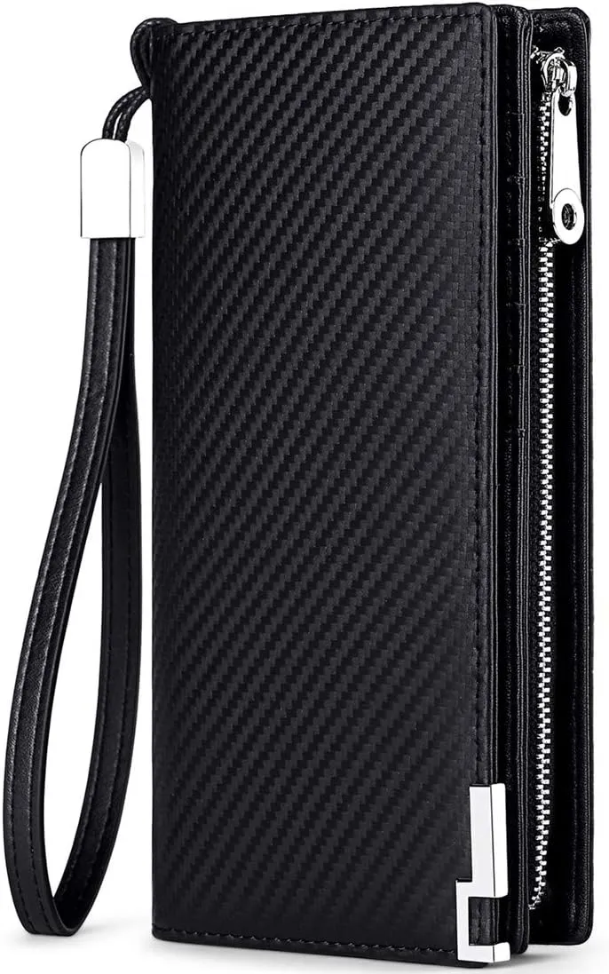 Huztencor Long Wallets for Men Leather RFID Blocking Bifold Wallet with Zipper
