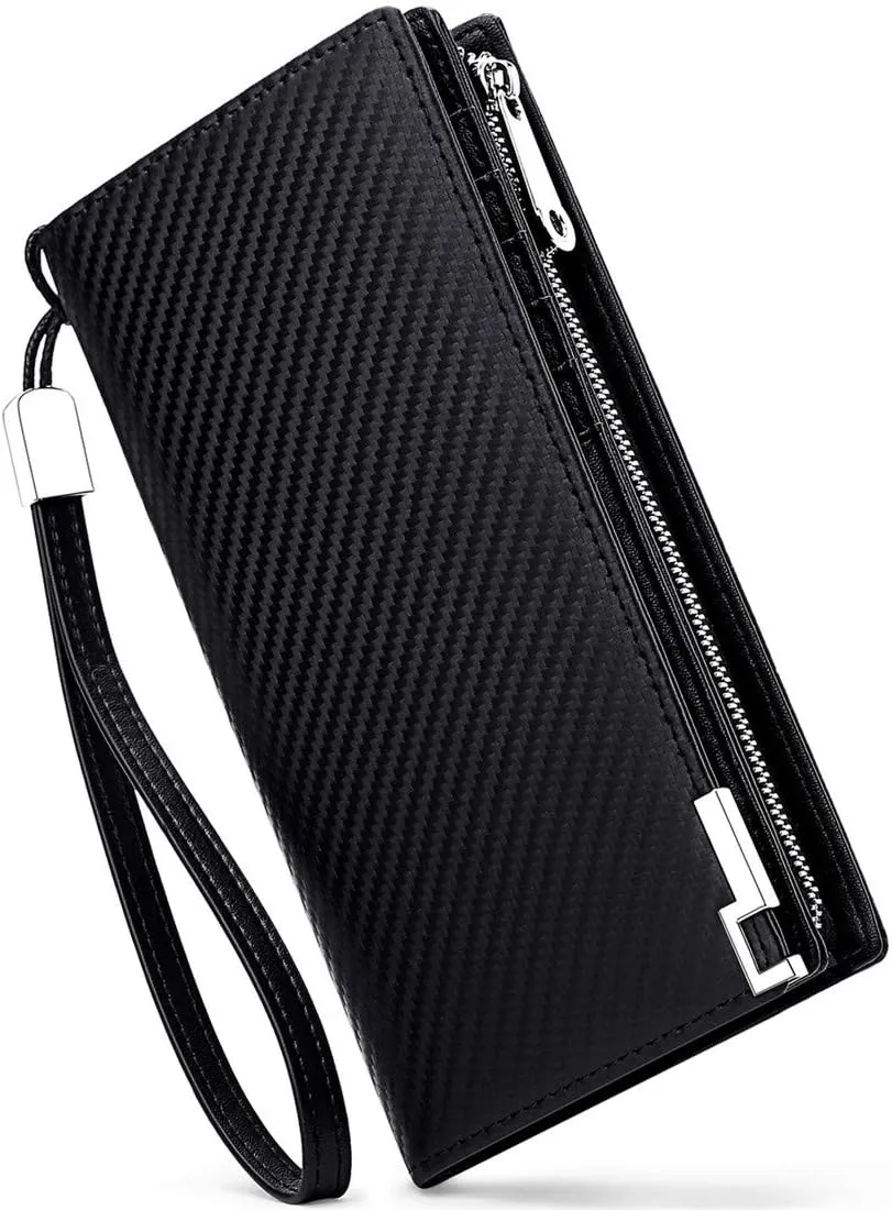 Huztencor Long Wallets for Men Leather RFID Blocking Bifold Wallet with Zipper