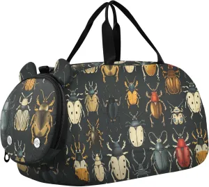 Insect Beetles Ladybug Black Sports Duffle Bag for Teens Girls Boys, Gym Bag with Shoe Compartment, Kids Travel Overnight Weekender Shoulder Bag