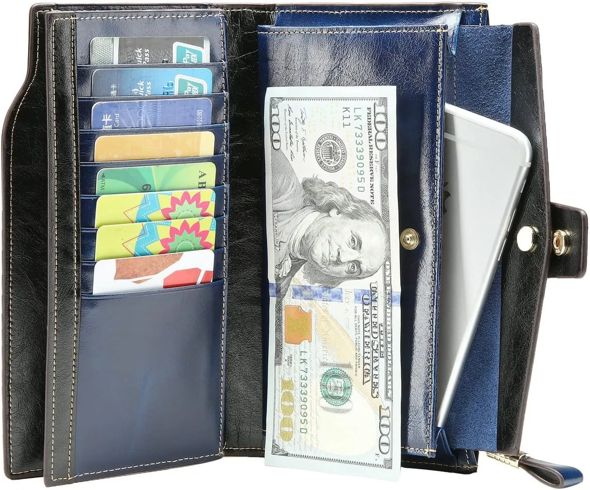 Itslife Womens Wallet RFID Blocking Large Capacity Luxury Wax Genuine Leather Wallets Clutch Wallet Ladies Card holder