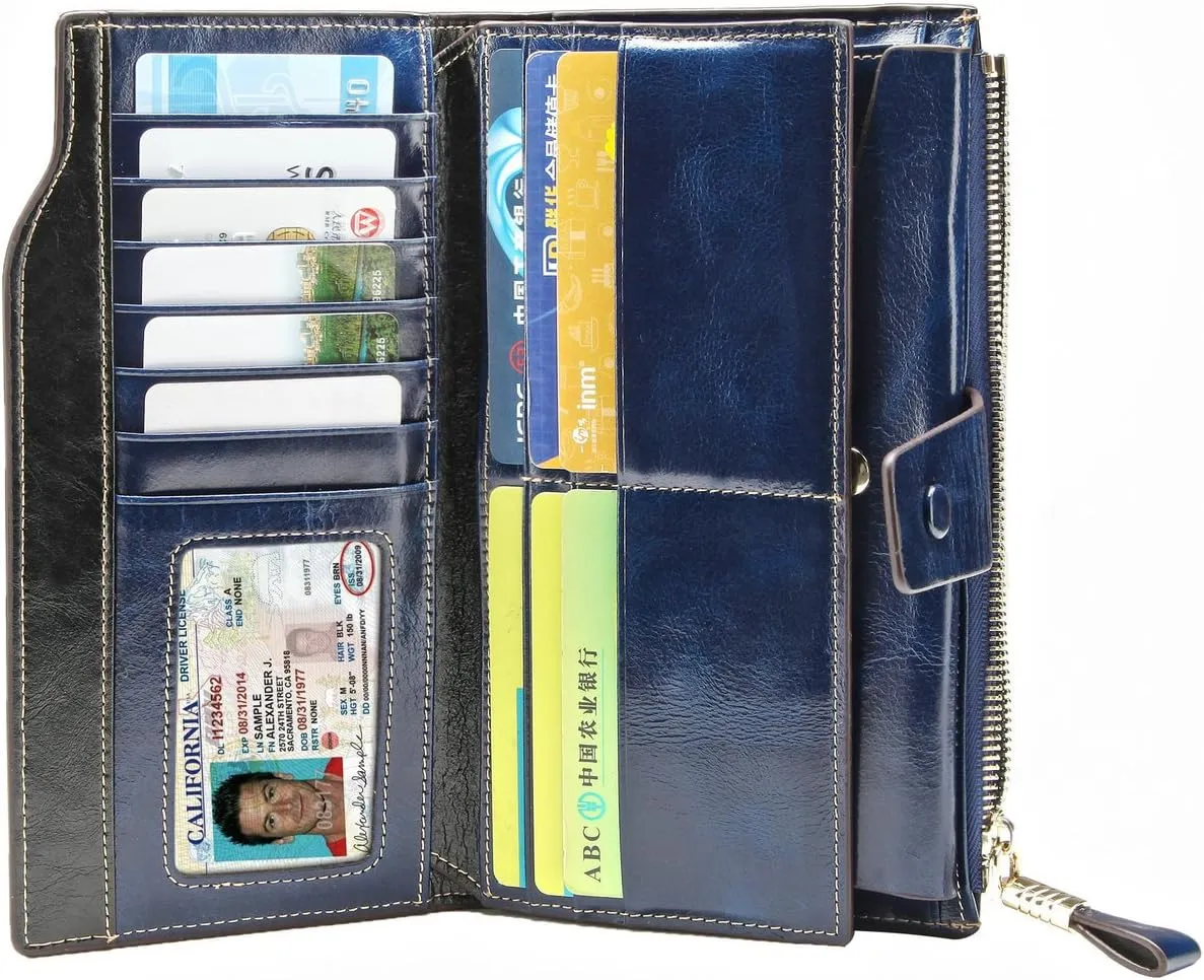 Itslife Womens Wallet RFID Blocking Large Capacity Luxury Wax Genuine Leather Wallets Clutch Wallet Ladies Card holder
