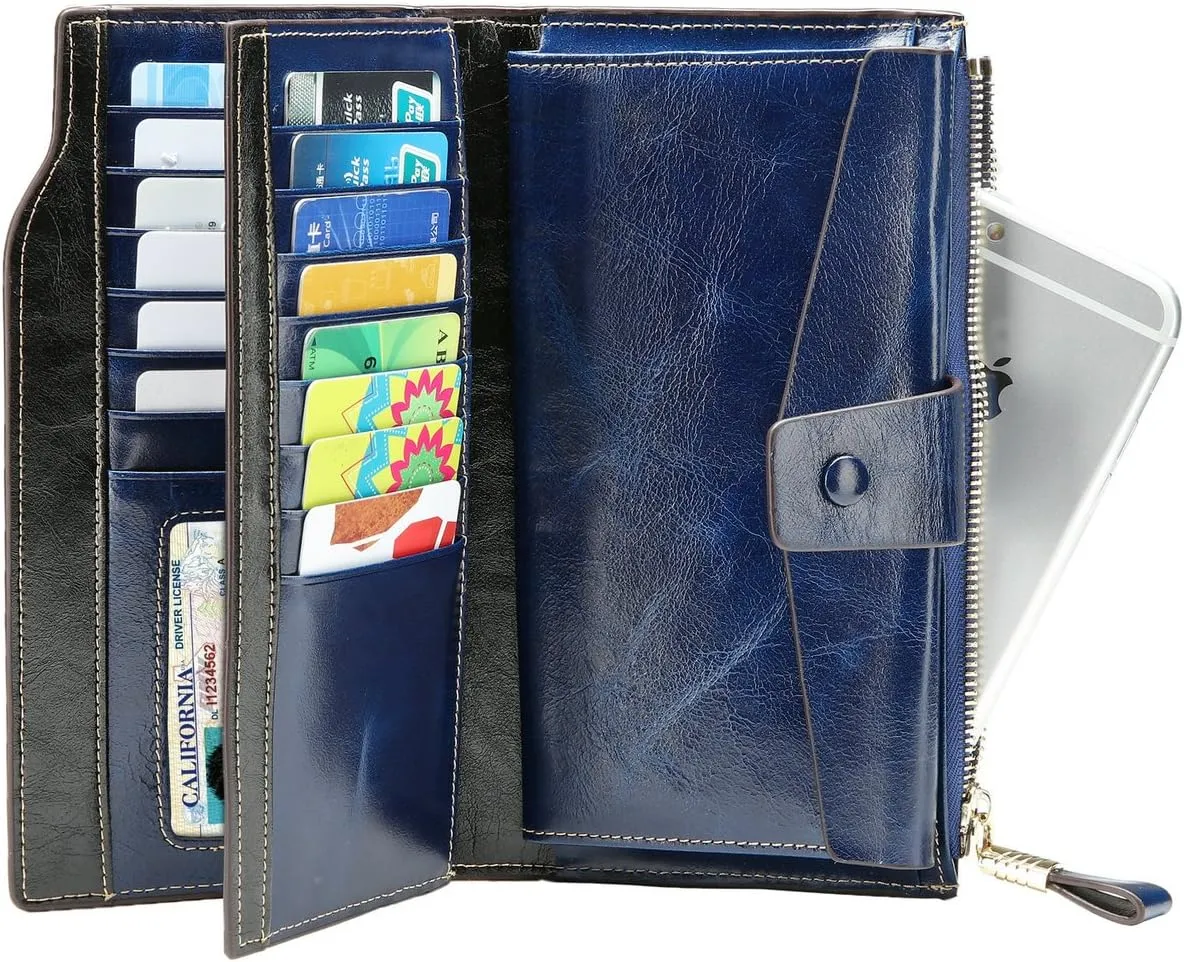 Itslife Womens Wallet RFID Blocking Large Capacity Luxury Wax Genuine Leather Wallets Clutch Wallet Ladies Card holder