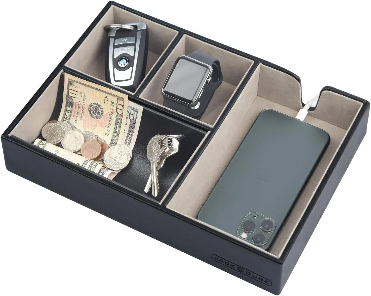 JACKCUBE DESIGN - Valet Tray Multi Leather, Desk or Dresser Organizer, Catch-all for Keys, Phone, Wallet, Coin, Jewelry and Nightstand(Black, 10.6 x 7.2 x 1.9 inches) - :MK233A