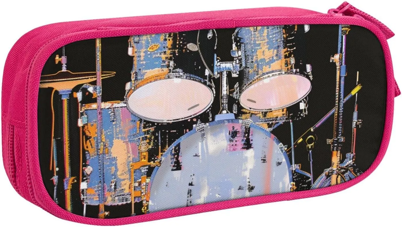 Jazz Drum Printed Pencil Case Large-Capacity Stationery Bag Pen Pouch Holder with Zipper for School Travel Office,, Pink, One Size, Make-Up Pouch