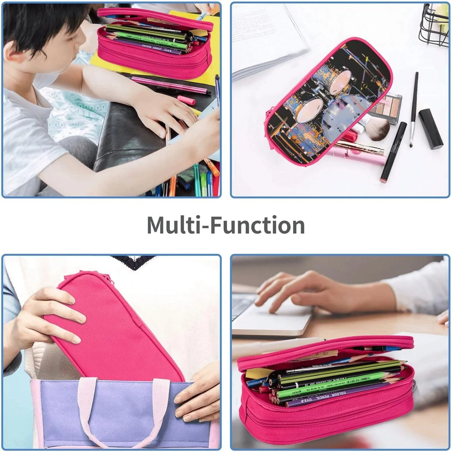 Jazz Drum Printed Pencil Case Large-Capacity Stationery Bag Pen Pouch Holder with Zipper for School Travel Office,, Pink, One Size, Make-Up Pouch