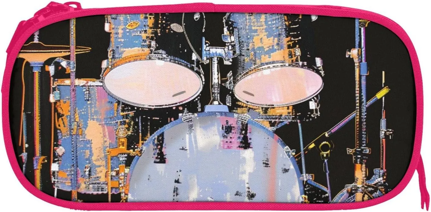 Jazz Drum Printed Pencil Case Large-Capacity Stationery Bag Pen Pouch Holder with Zipper for School Travel Office,, Pink, One Size, Make-Up Pouch