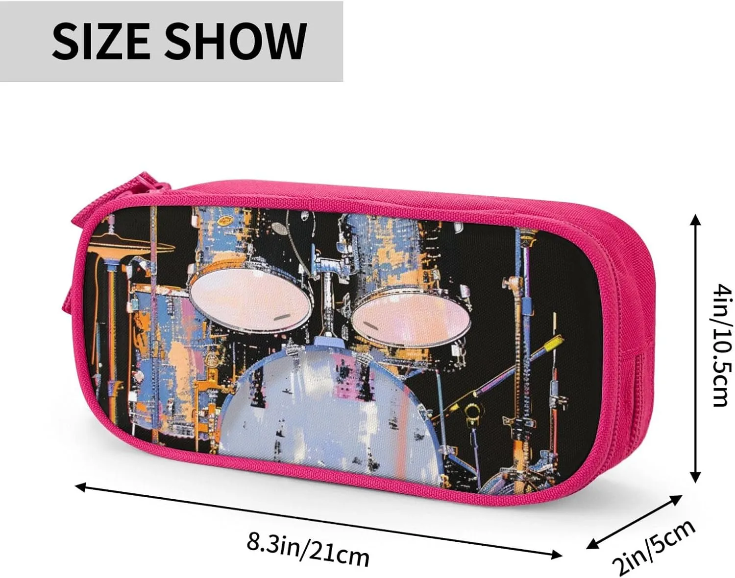 Jazz Drum Printed Pencil Case Large-Capacity Stationery Bag Pen Pouch Holder with Zipper for School Travel Office,, Pink, One Size, Make-Up Pouch