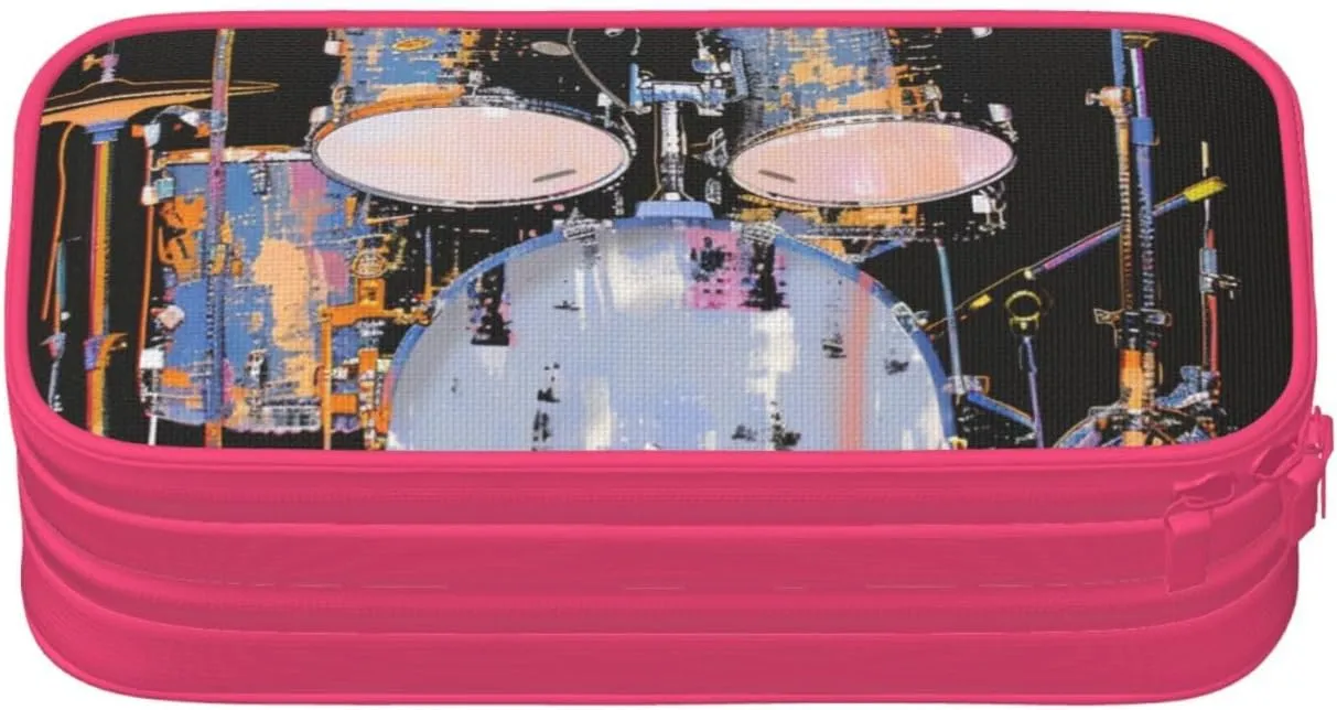 Jazz Drum Printed Pencil Case Large-Capacity Stationery Bag Pen Pouch Holder with Zipper for School Travel Office,, Pink, One Size, Make-Up Pouch
