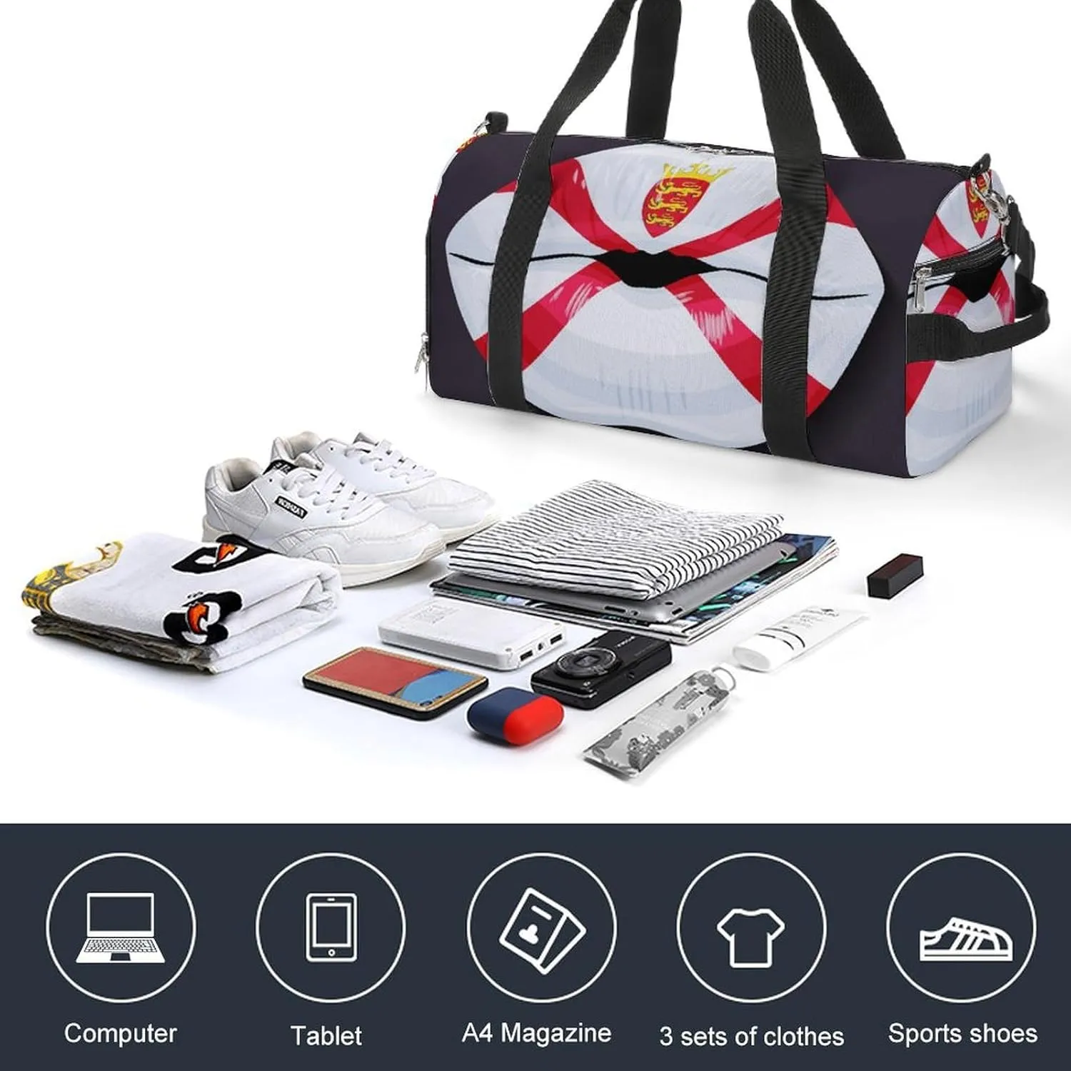 Jersey Flag Lips Sports Duffel Bag with Waterproof Shoe Compartment for Gym and Travel