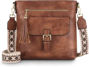 Kasqo Crossbody Bag for Women,Soft Vegan Leather Cross Body Purse Medium Shoulder Bag Handbags with Guitar Strap Tassel