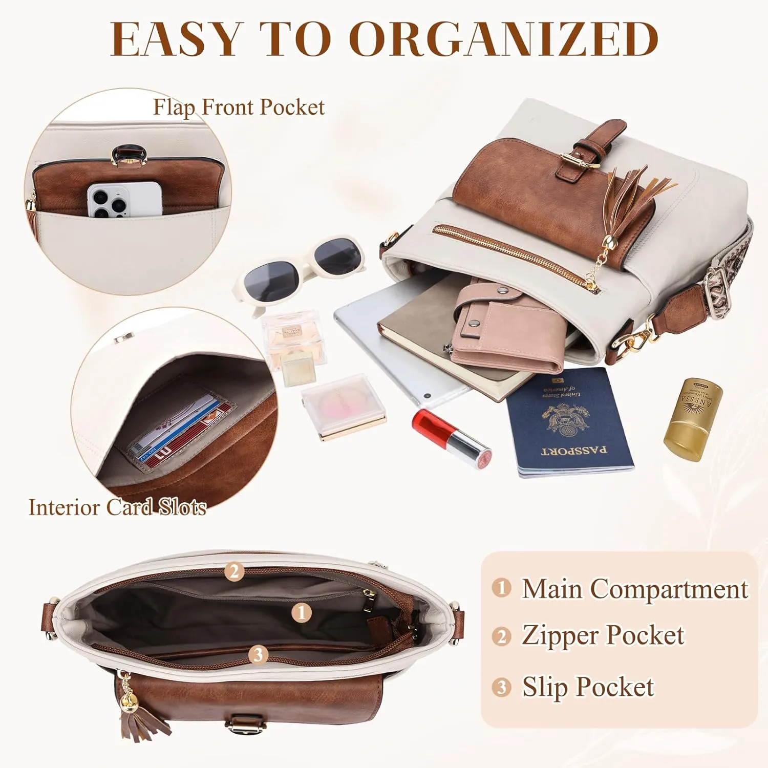Kasqo Crossbody Bag for Women,Soft Vegan Leather Cross Body Purse Medium Shoulder Bag Handbags with Guitar Strap Tassel