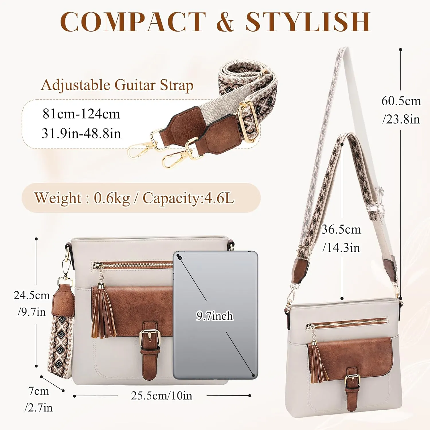 Kasqo Crossbody Bag for Women,Soft Vegan Leather Cross Body Purse Medium Shoulder Bag Handbags with Guitar Strap Tassel