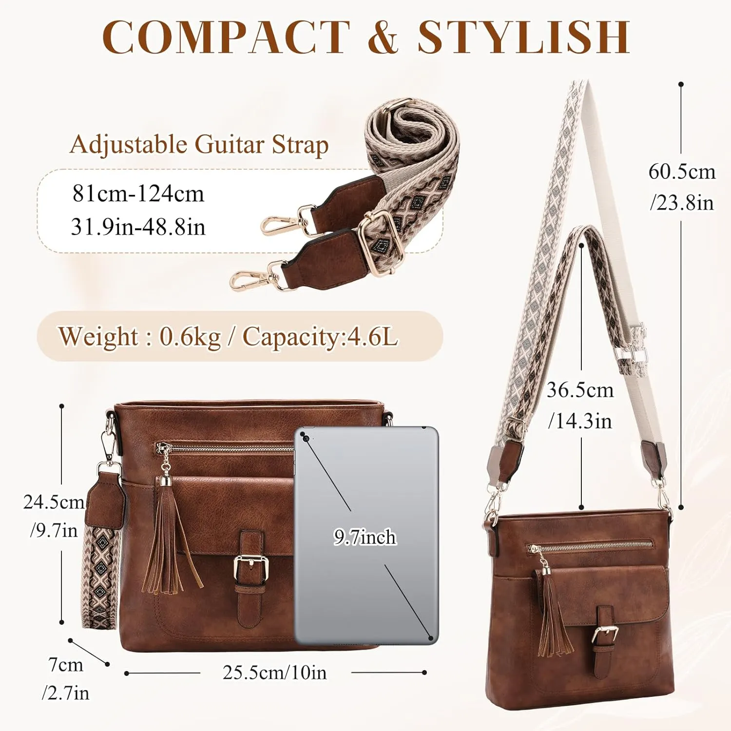 Kasqo Crossbody Bag for Women,Soft Vegan Leather Cross Body Purse Medium Shoulder Bag Handbags with Guitar Strap Tassel