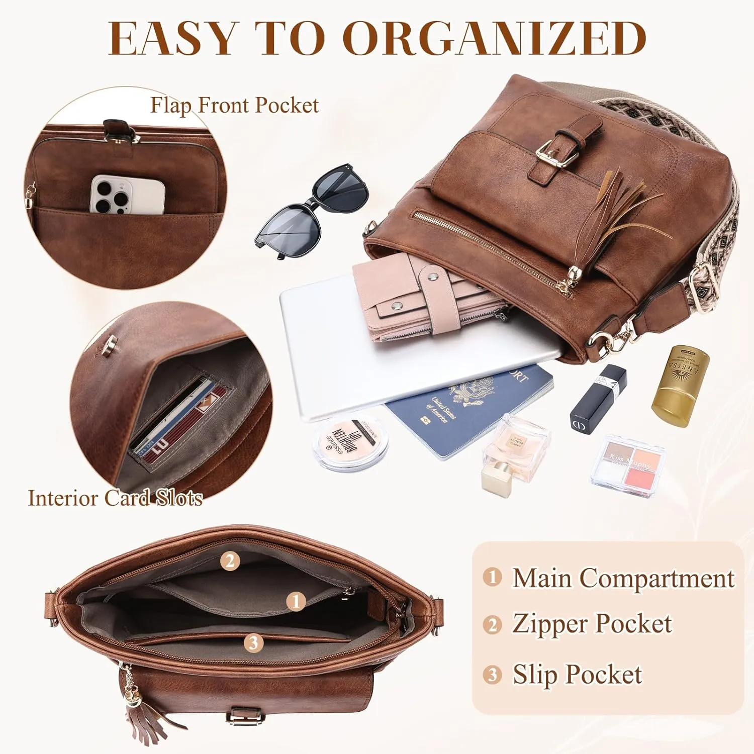 Kasqo Crossbody Bag for Women,Soft Vegan Leather Cross Body Purse Medium Shoulder Bag Handbags with Guitar Strap Tassel