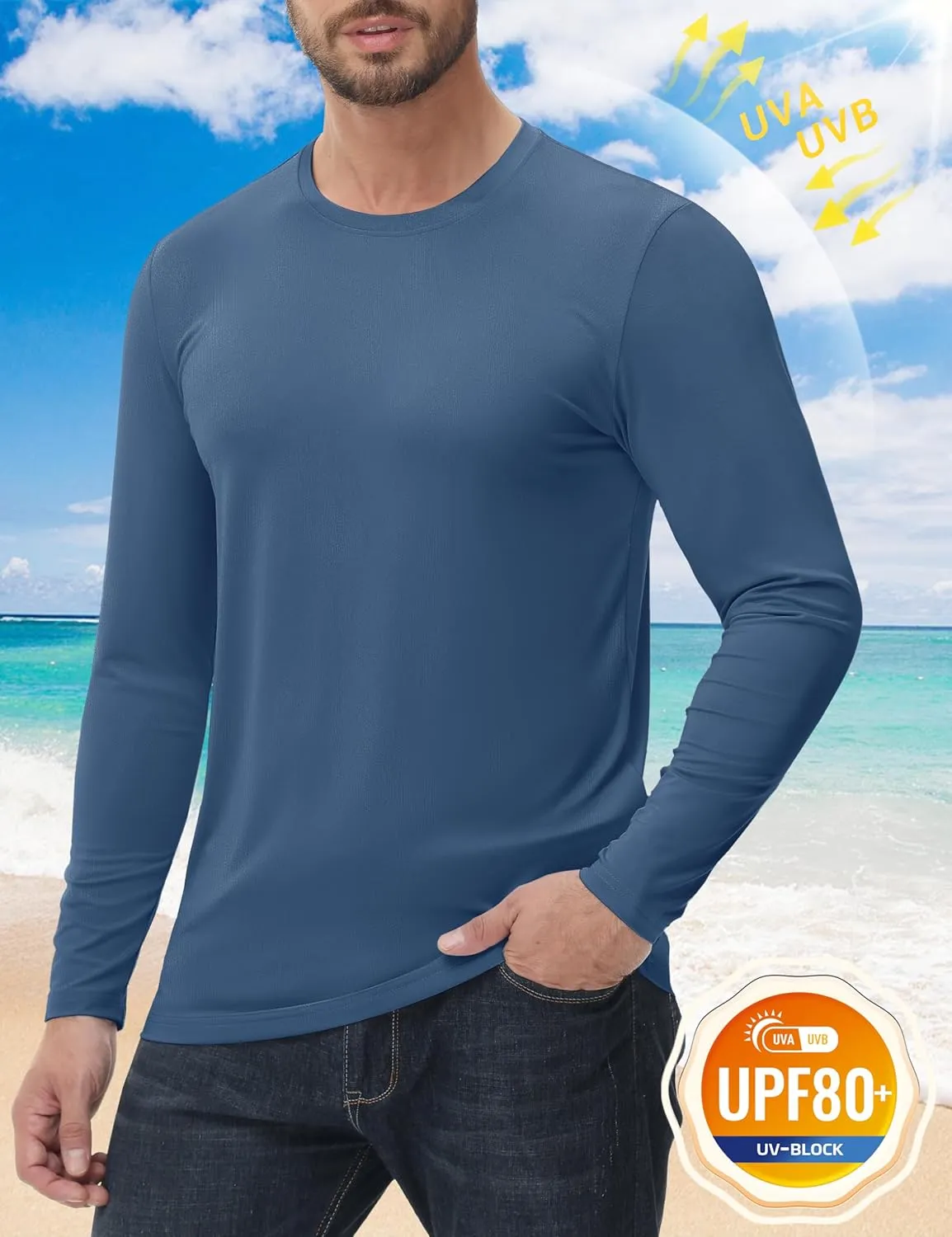 KEFITEVD Men's UPF 80  Sun Shirts Long Sleeve UV SPF Shirts Quick Dry Lightweight Rash Guard Polyester Swim T-Shirt