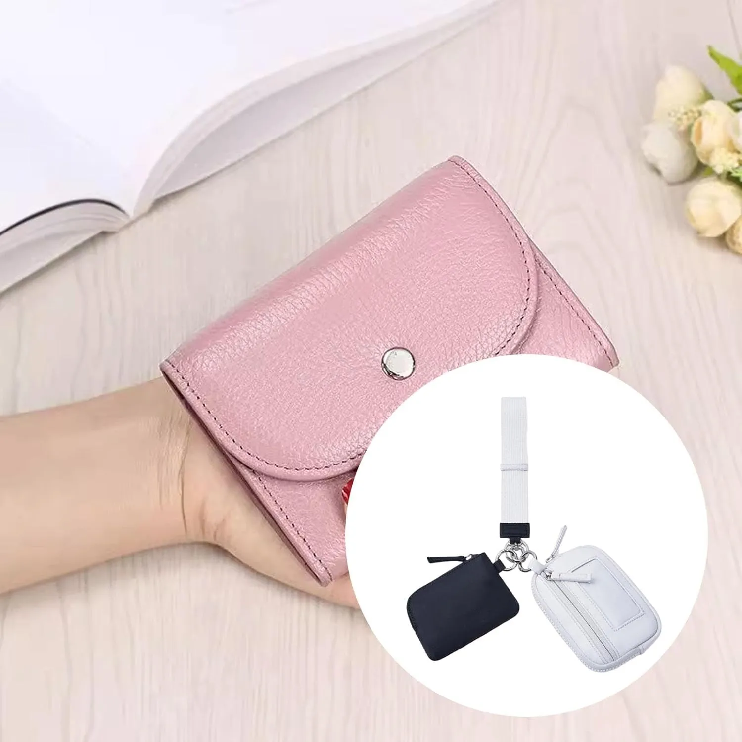 Keychain Wristlet Wallet Small Wallet with Keyring Trendy Waterproof Double Pouch Purse for Travel Trekking Backpacking Camping, Black Gray