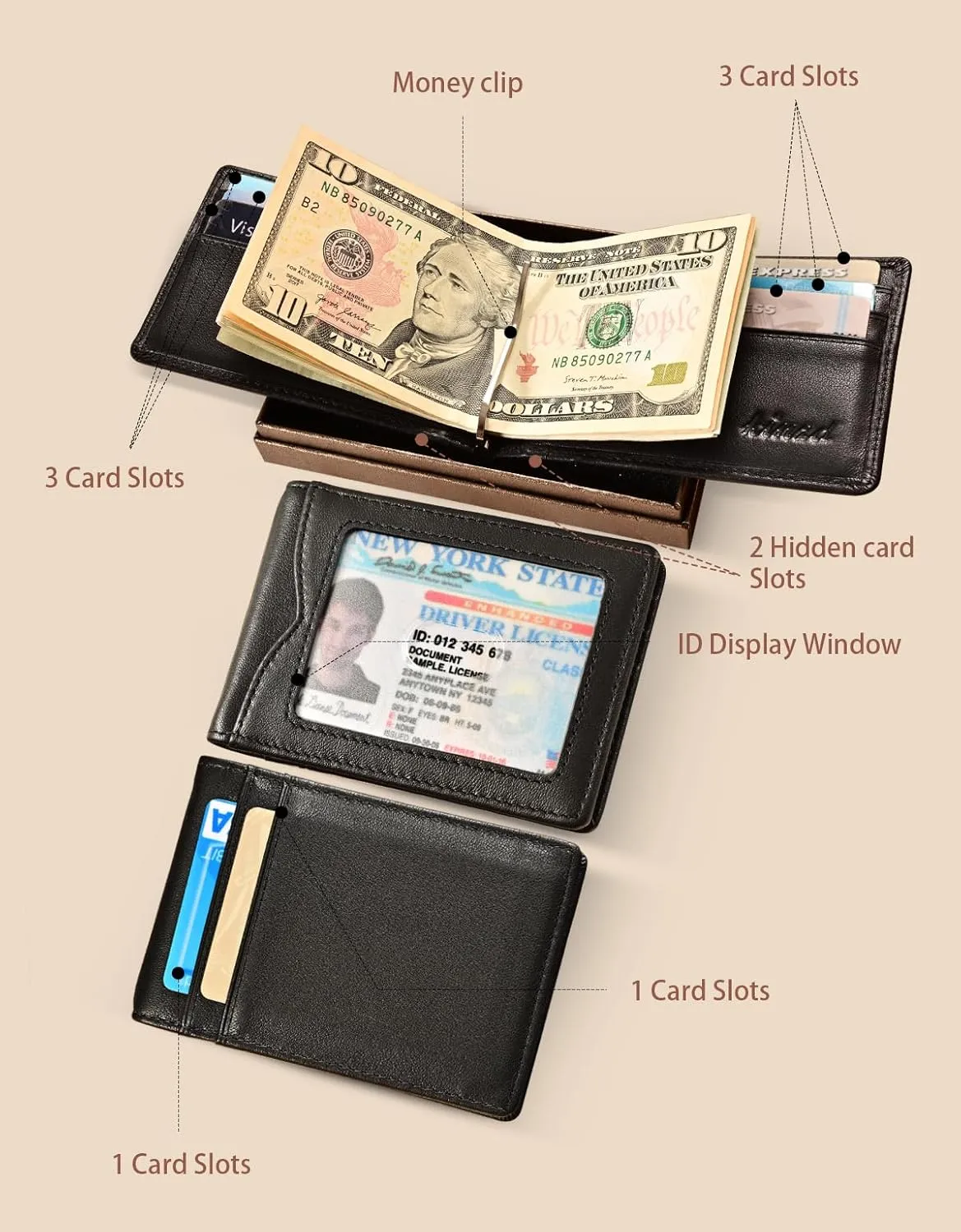 kinzd Slim Wallet with Money Clip RFID Blocking Minimalist Bifold Wallet for Men Genuine Leather Front Pocket Card Holder