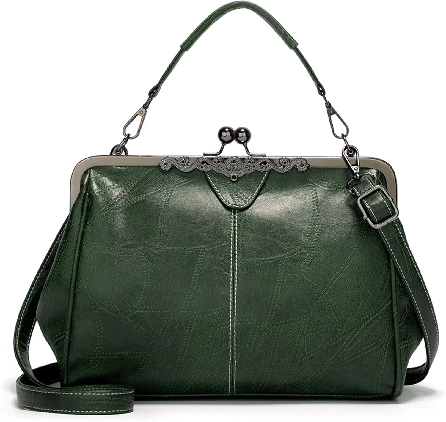 Kiss Lock Purses Vintage Hollow PU Leather Handbag Clutch Satchel Kisslock Crossbody Bag For Women