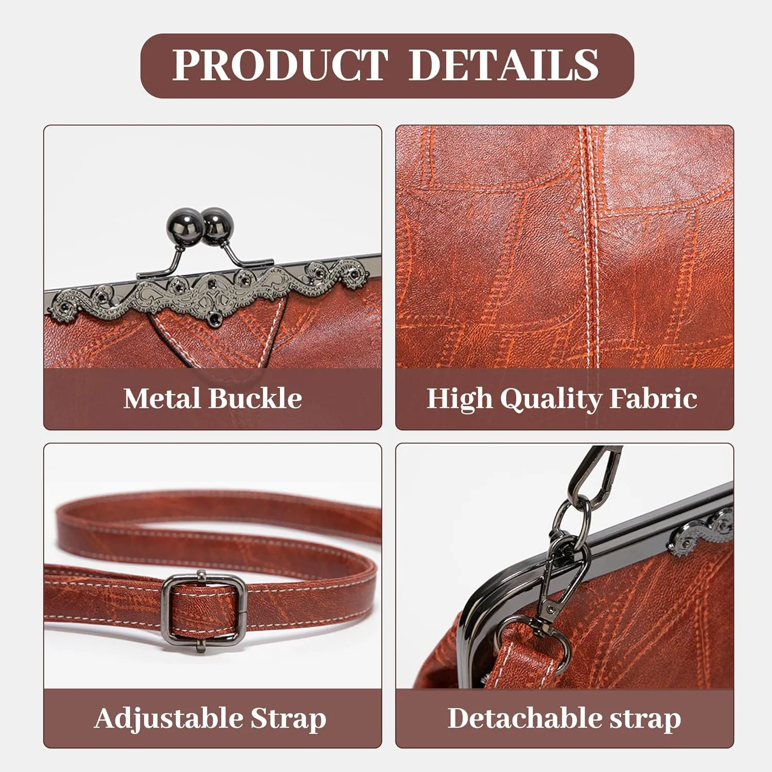 Kiss Lock Purses Vintage Hollow PU Leather Handbag Clutch Satchel Kisslock Crossbody Bag For Women