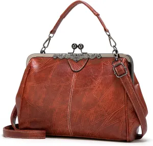 Kiss Lock Purses Vintage Hollow PU Leather Handbag Clutch Satchel Kisslock Crossbody Bag For Women
