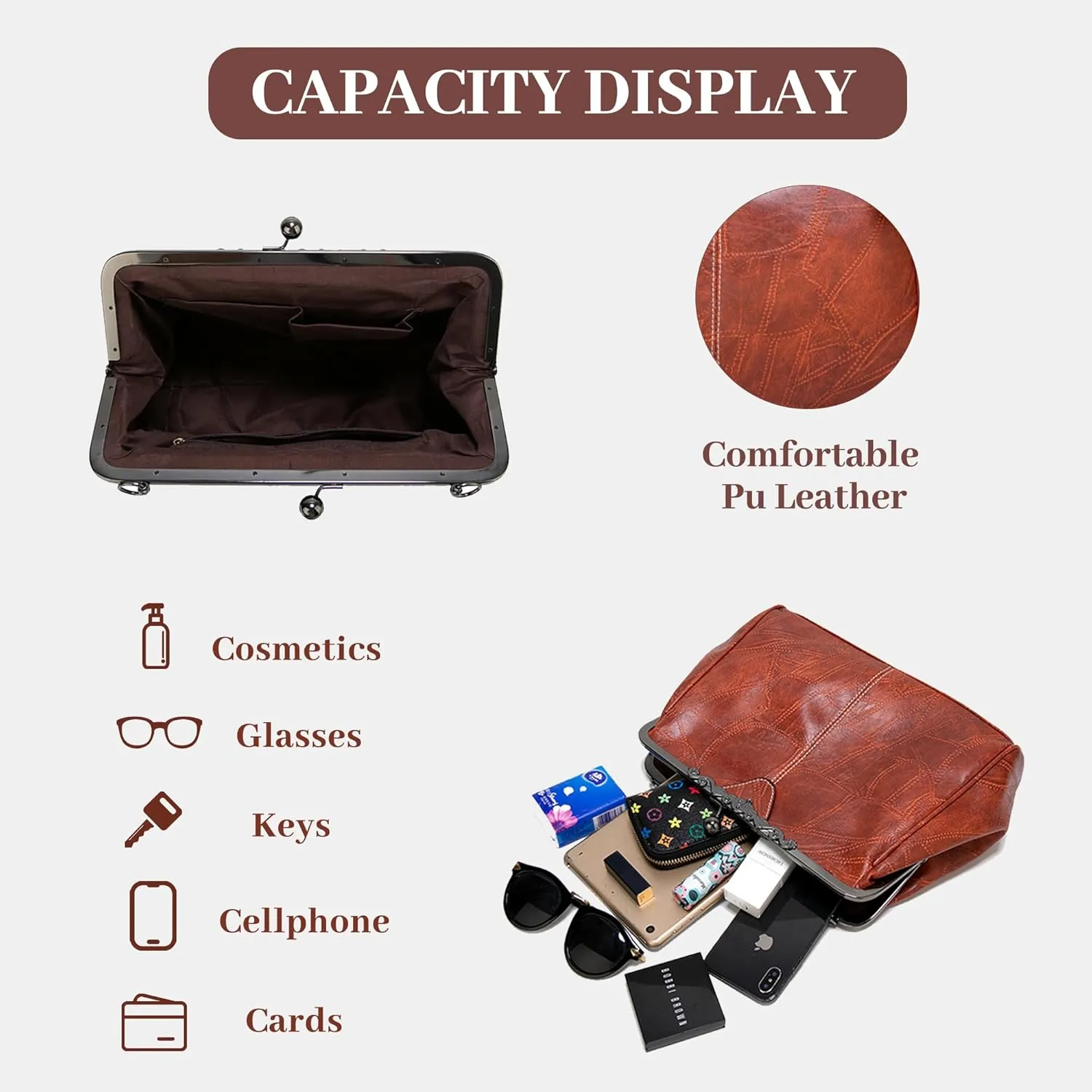 Kiss Lock Purses Vintage Hollow PU Leather Handbag Clutch Satchel Kisslock Crossbody Bag For Women