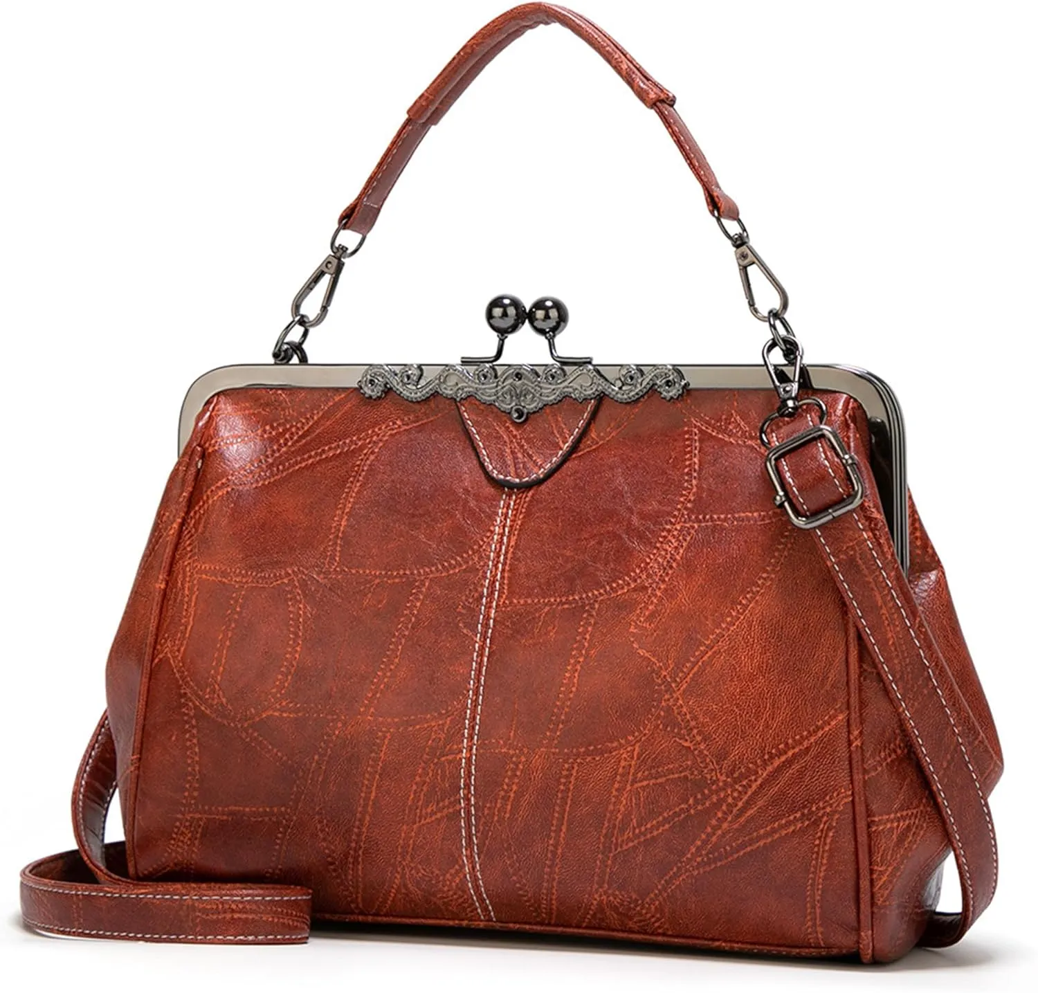Kiss Lock Purses Vintage Hollow PU Leather Handbag Clutch Satchel Kisslock Crossbody Bag For Women
