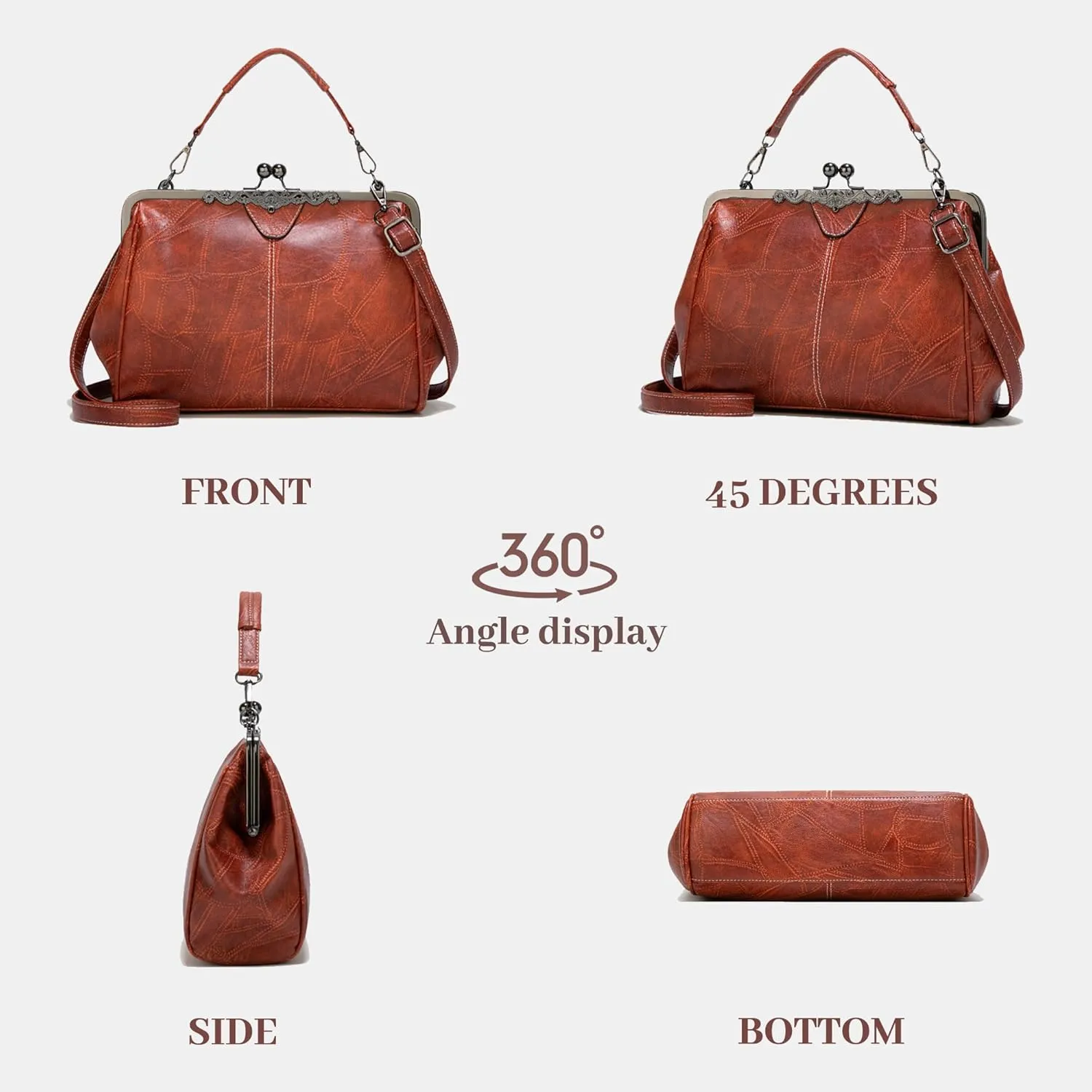 Kiss Lock Purses Vintage Hollow PU Leather Handbag Clutch Satchel Kisslock Crossbody Bag For Women