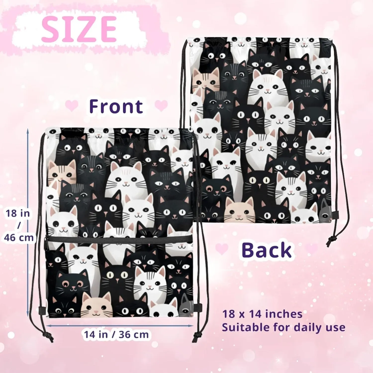 Kitty Face Compilation Polyester Drawstring Bag with Zipper Pocket, 18x14 Inch Water-Resistant Gym Sack String Backpack for Sports, Travel, Camping