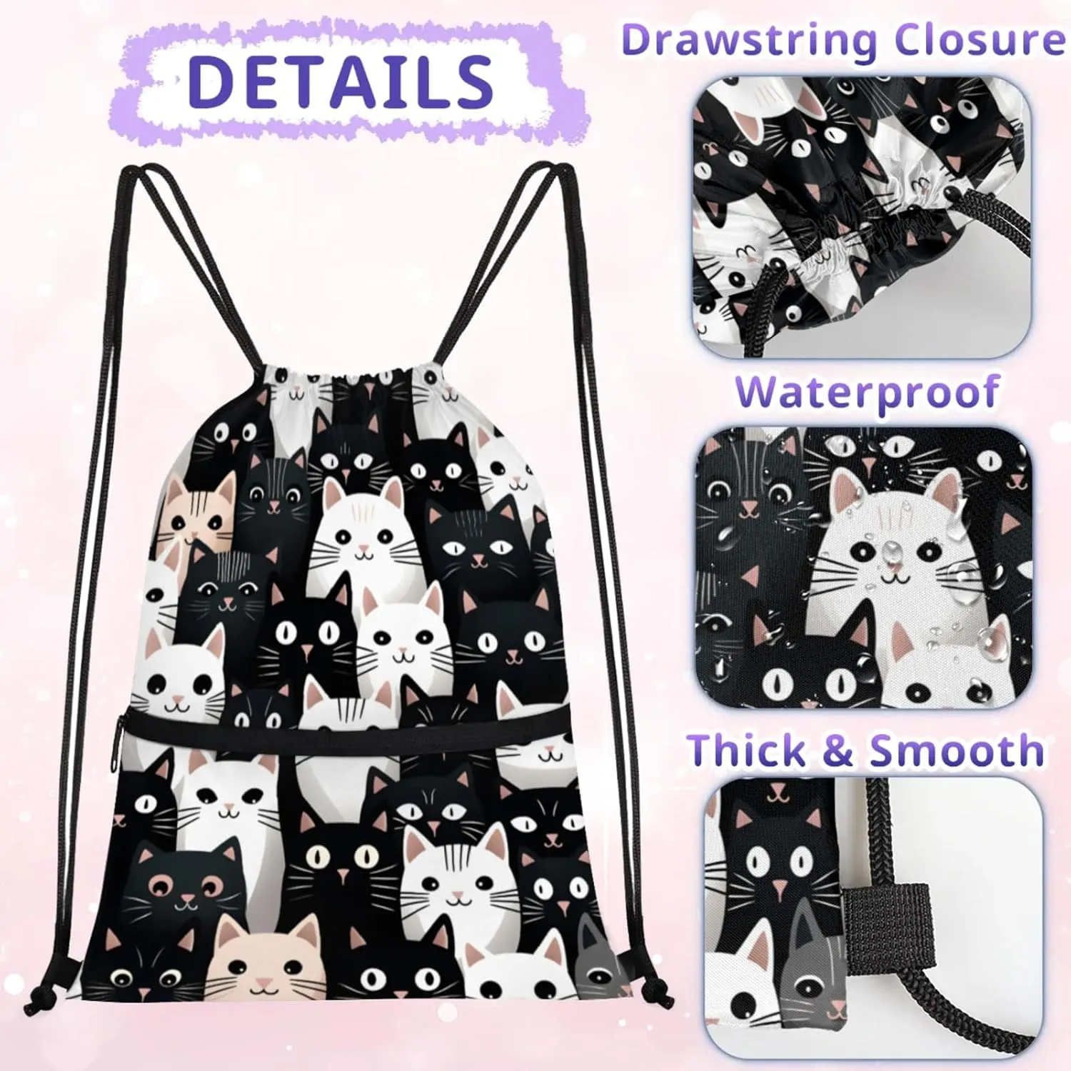 Kitty Face Compilation Polyester Drawstring Bag with Zipper Pocket, 18x14 Inch Water-Resistant Gym Sack String Backpack for Sports, Travel, Camping