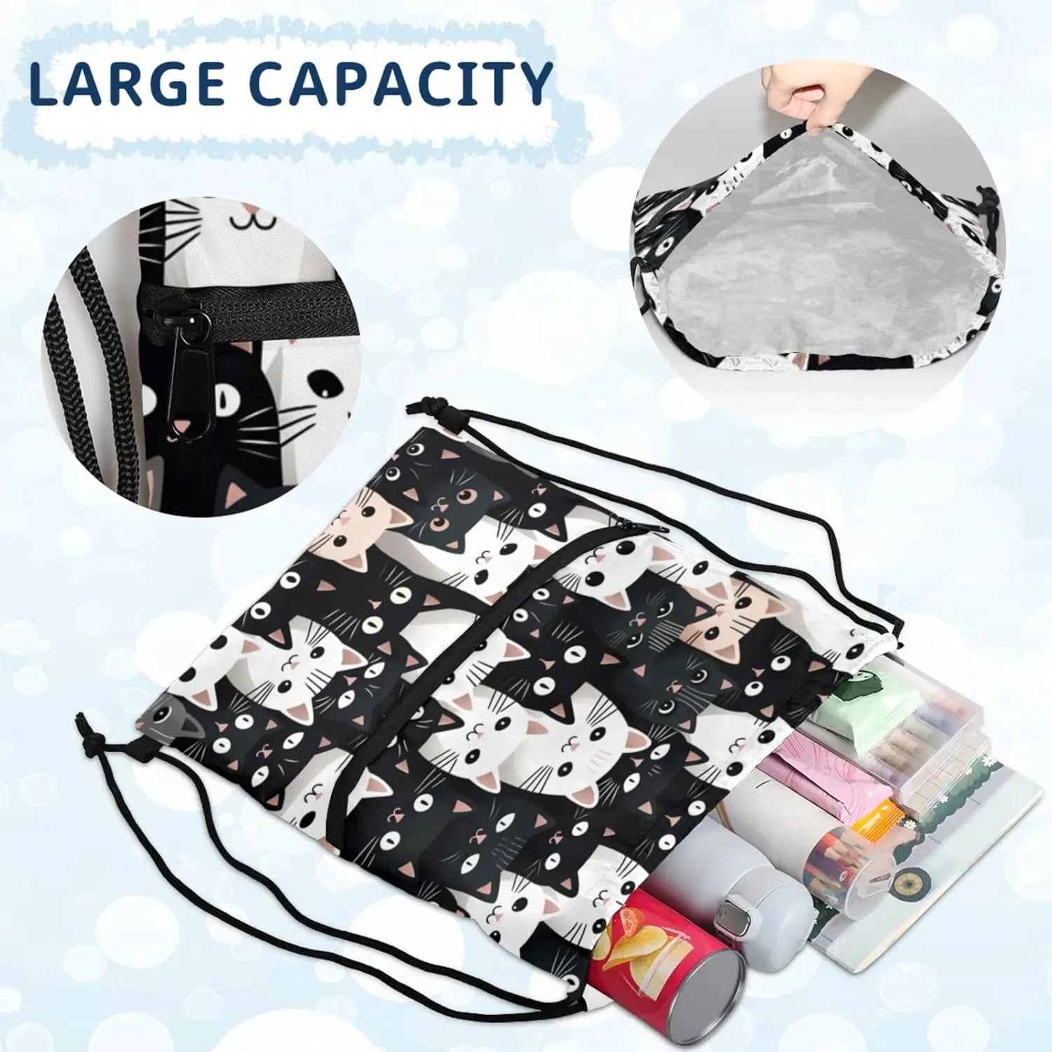 Kitty Face Compilation Polyester Drawstring Bag with Zipper Pocket, 18x14 Inch Water-Resistant Gym Sack String Backpack for Sports, Travel, Camping