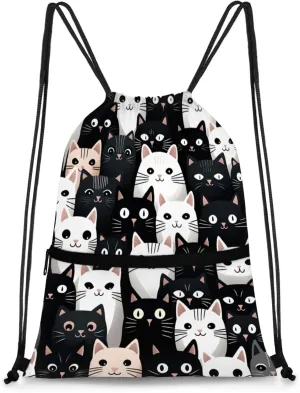 Kitty Face Compilation Polyester Drawstring Bag with Zipper Pocket, 18x14 Inch Water-Resistant Gym Sack String Backpack for Sports, Travel, Camping