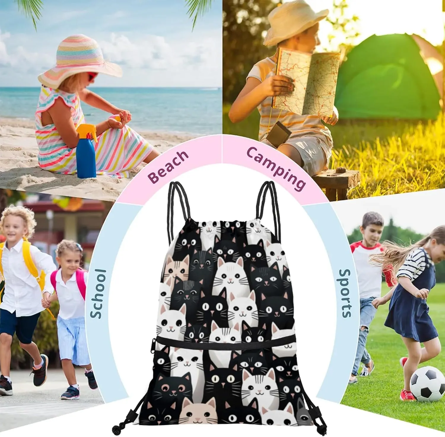 Kitty Face Compilation Polyester Drawstring Bag with Zipper Pocket, 18x14 Inch Water-Resistant Gym Sack String Backpack for Sports, Travel, Camping