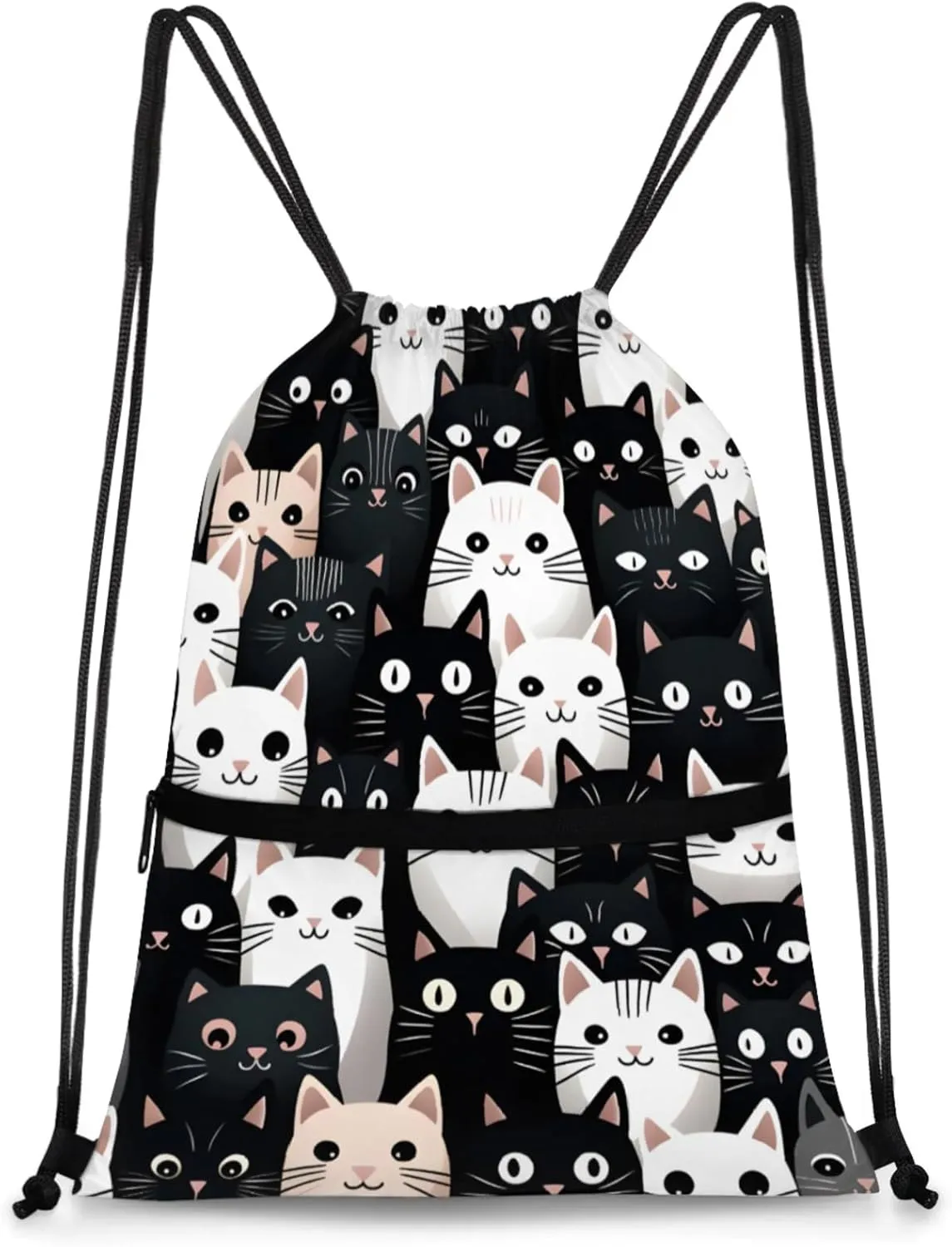 Kitty Face Compilation Polyester Drawstring Bag with Zipper Pocket, 18x14 Inch Water-Resistant Gym Sack String Backpack for Sports, Travel, Camping