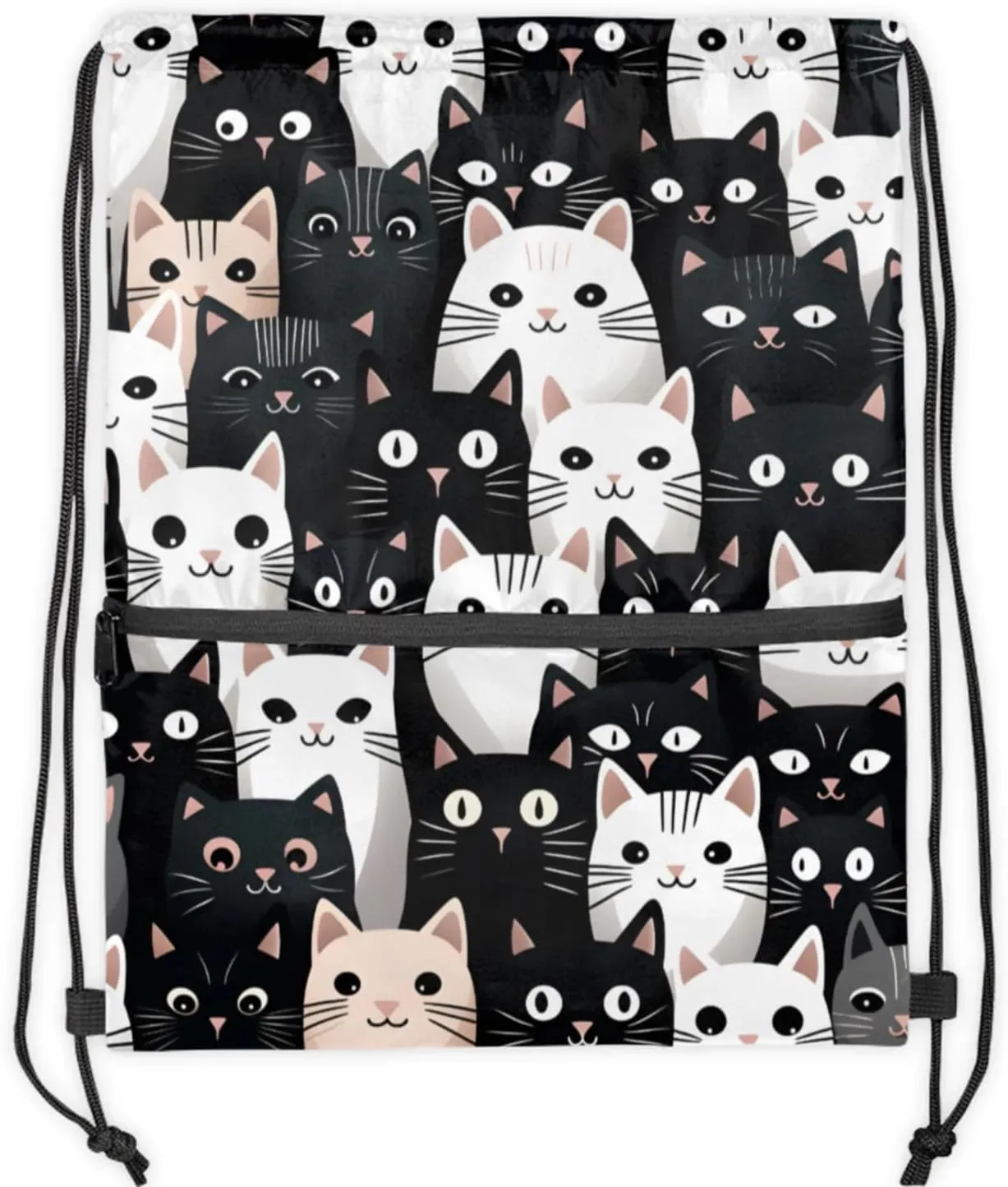 Kitty Face Compilation Polyester Drawstring Bag with Zipper Pocket, 18x14 Inch Water-Resistant Gym Sack String Backpack for Sports, Travel, Camping