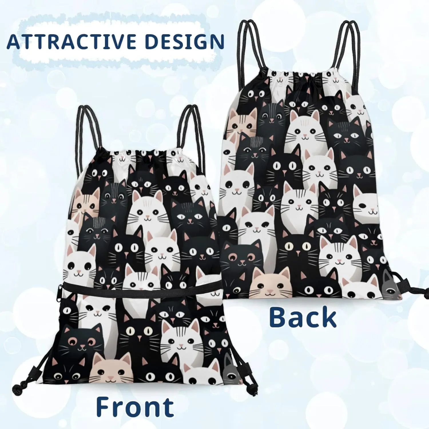 Kitty Face Compilation Polyester Drawstring Bag with Zipper Pocket, 18x14 Inch Water-Resistant Gym Sack String Backpack for Sports, Travel, Camping