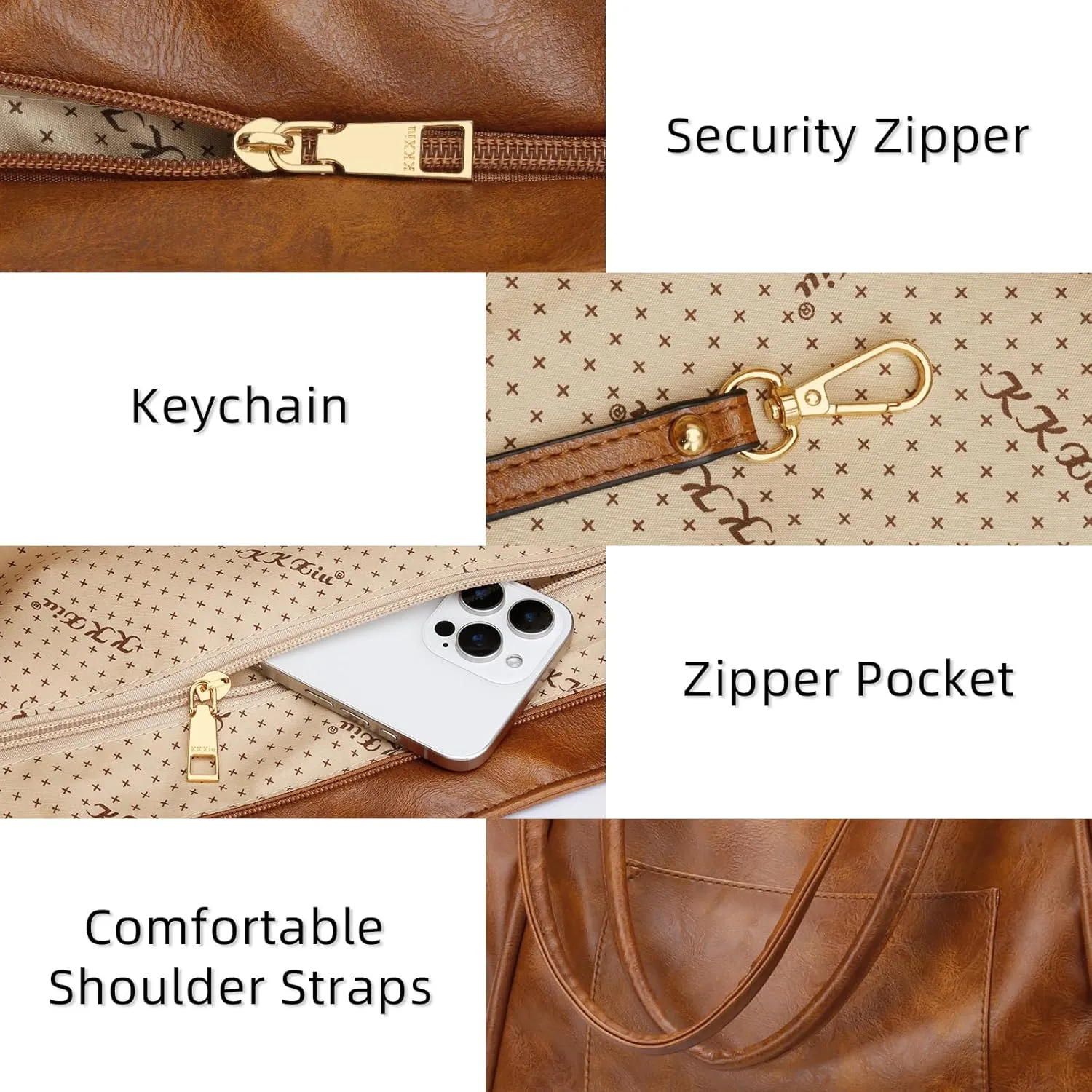 KKXIU Large Tote Bag for Women with Zipper Work Leather Travel Purse and Handbags