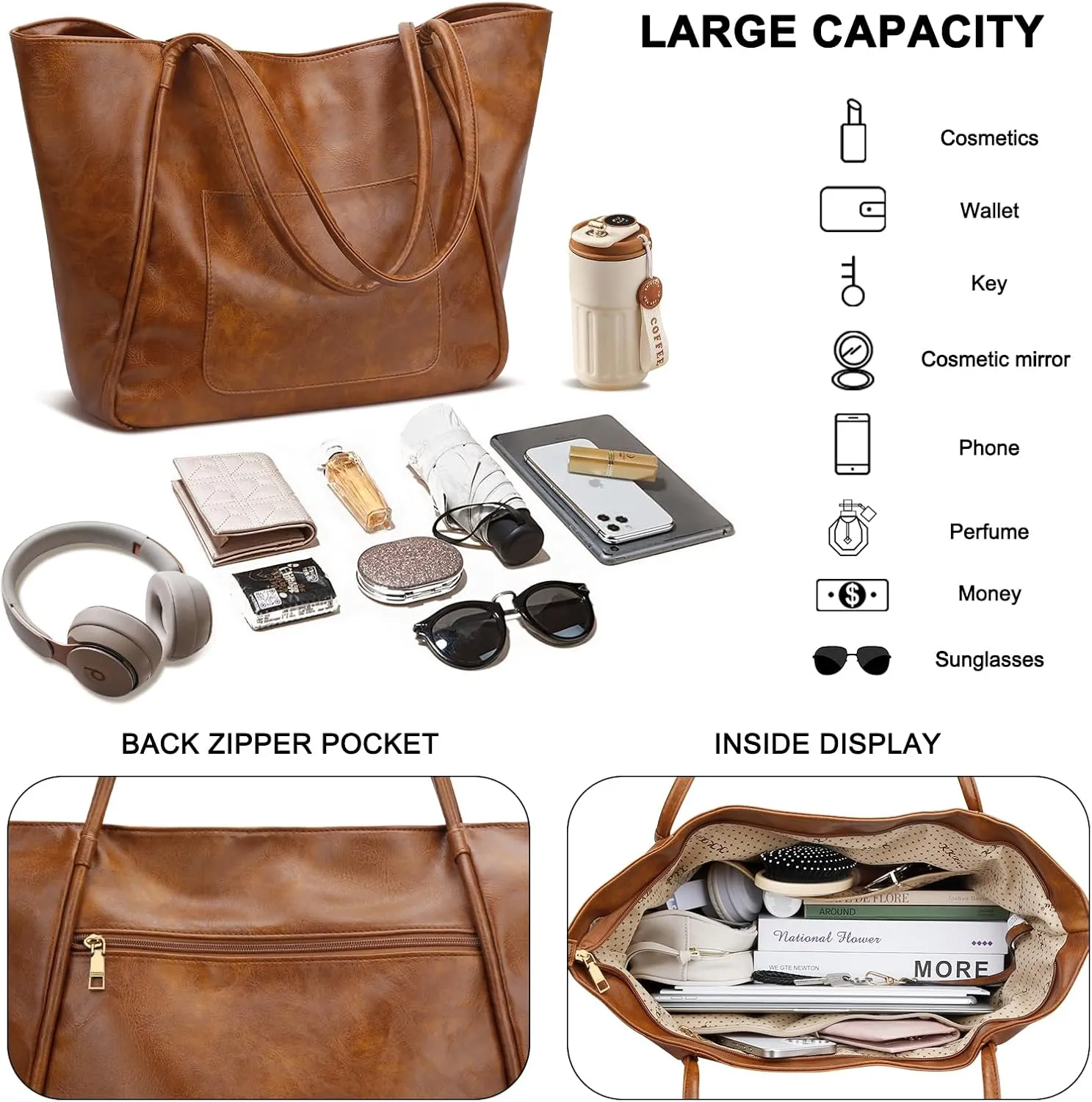 KKXIU Large Tote Bag for Women with Zipper Work Leather Travel Purse and Handbags