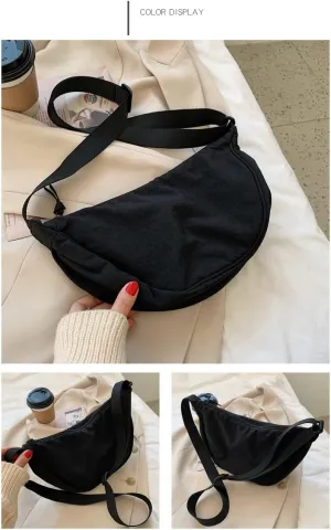 Korean Simple Dumpling Bag Women Small Nylon Crescent Bag Travel Sling Bag with Adjustable Strap Casual Shoulder Bag (Black)