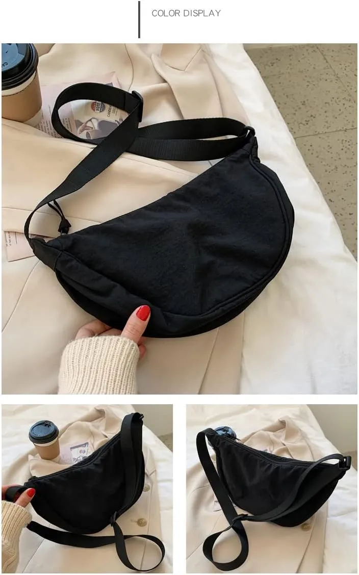 Korean Simple Dumpling Bag Women Small Nylon Crescent Bag Travel Sling Bag with Adjustable Strap Casual Shoulder Bag (Black)