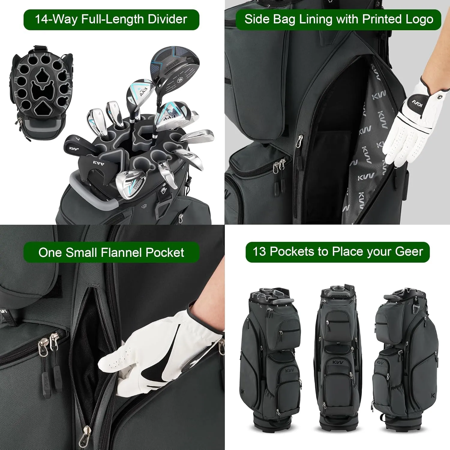 KVV 14 Way Top-Molded Organizer Cart Bag with Rain Cover, Full Length Divider, Spacious Cooler Pockets