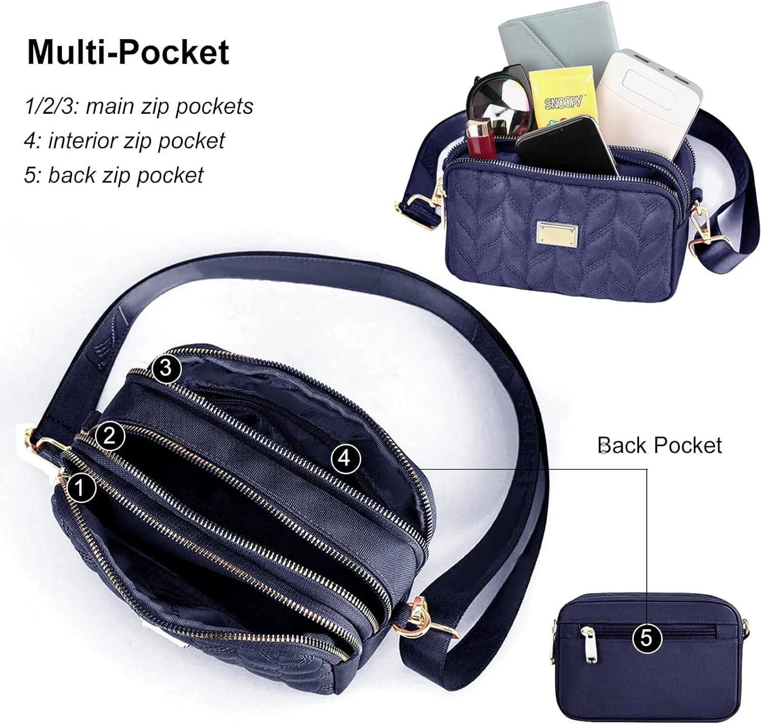 Ladies Girls Crossbody Bag Multi-Pocket Shoulder Bag Waterproof Nylon Handbag Small Cellphone Purse Wallet for Women