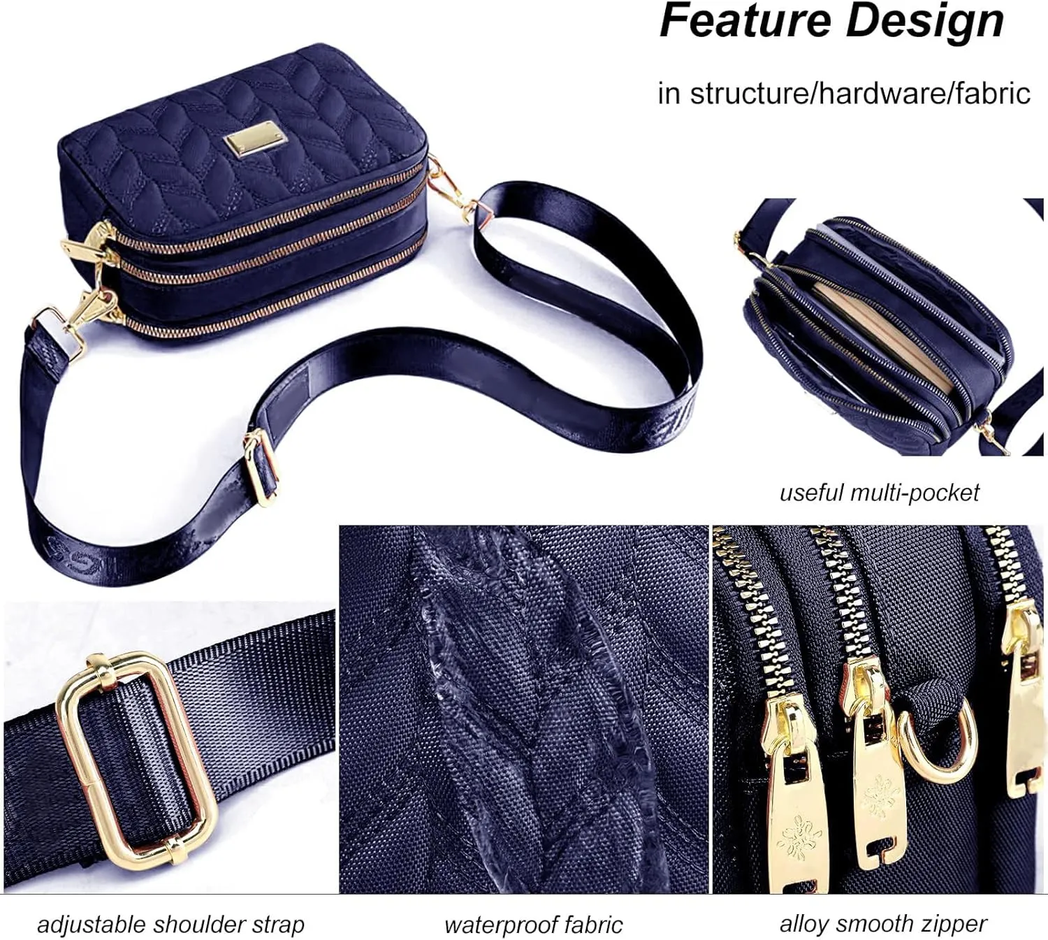 Ladies Girls Crossbody Bag Multi-Pocket Shoulder Bag Waterproof Nylon Handbag Small Cellphone Purse Wallet for Women
