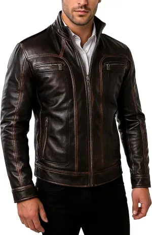 Lambskin Leather Jacket for Men - Vintage Distressed Brown Biker Coat