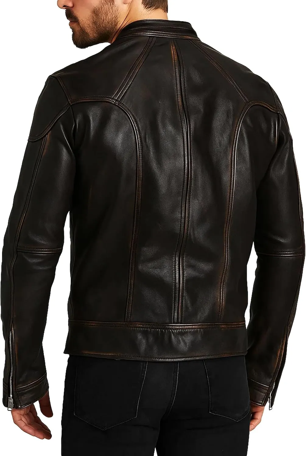 Lambskin Leather Jacket for Men - Vintage Distressed Brown Biker Coat