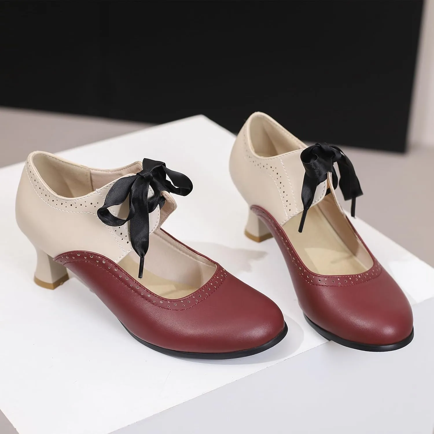 LanreyTaley Women's Vintage Mary Jane Shoes 60s Low Kitten Heels Round Toe Wingtip Brogue Shoes Cut Out Dress Pumps