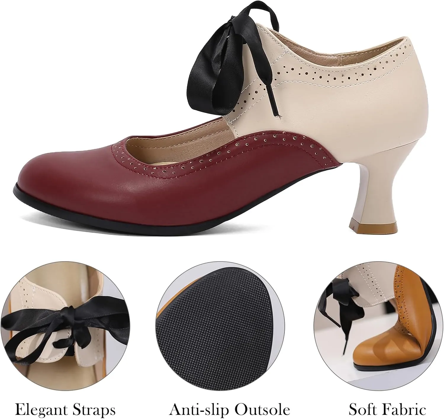 LanreyTaley Women's Vintage Mary Jane Shoes 60s Low Kitten Heels Round Toe Wingtip Brogue Shoes Cut Out Dress Pumps