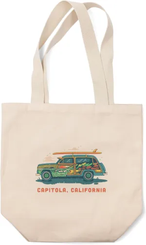 Lantern Press Capitola, California, Woody with Surfboard, (100% Cotton Canvas Reusable Tote Bag)