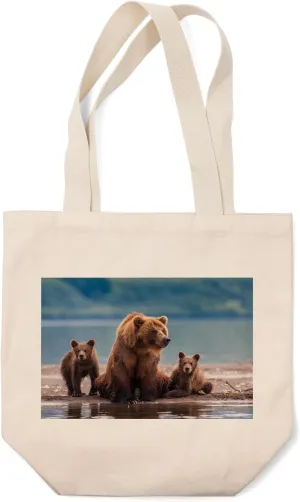 Lantern Press Grizzly Bear Family (100% Cotton Canvas Reusable Tote Bag)